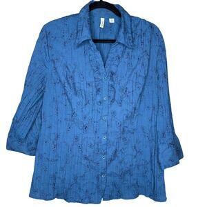 St Johns Bay Women's XL Blouse Blue Embroidered Crinkle Button Front 3/4 Sleeve